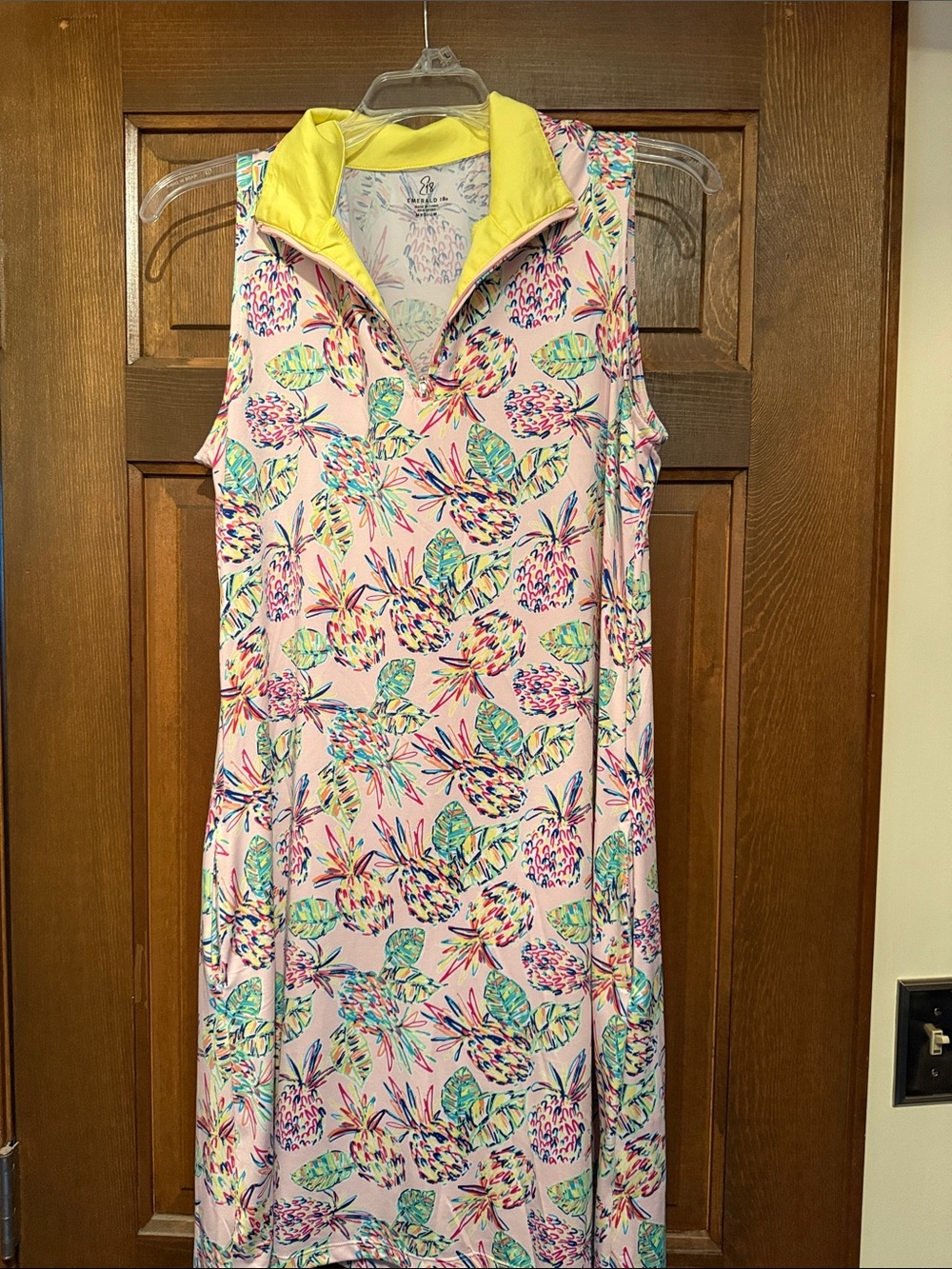 Sleeveless Pink Tropical Pineapple Dress with Yellow Collar